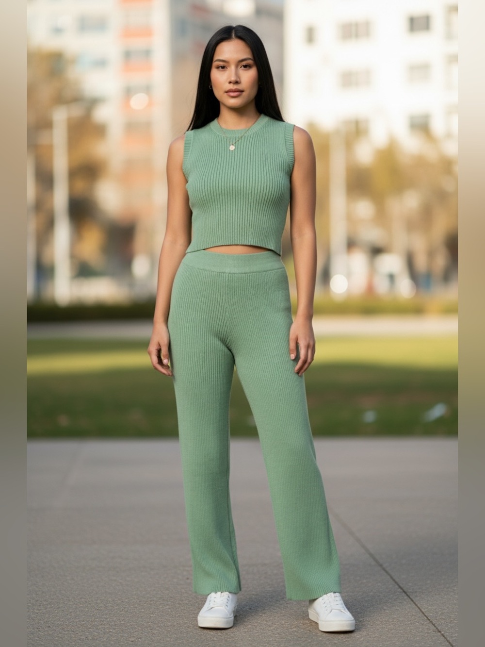 Tea n Rose Ribbed Knit Crop Top with Matching Bottom SET. Jade Color. NWT